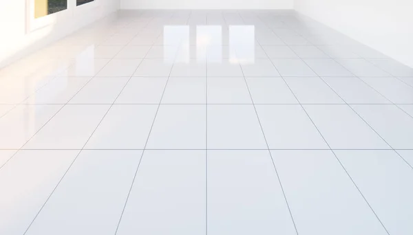 Візуалізація Порожньої Кімнати Білої Плитки Підлоги Лінією Сітки Блискучим Відображенням — стокове фото