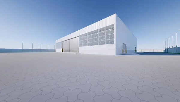 3d rendering of hangar building exterior and steel door and paver brick floor.