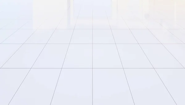 3d rendering of empty room and white tile floor with grid line and shiny reflection with clear glass door in perspective view, clean and new condition use to background.