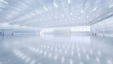 Geniş hangar binasının ve beton zeminin 3 boyutlu görüntülenmesi ve arka plan, temiz ve yeni durum için perspektif penceresi.