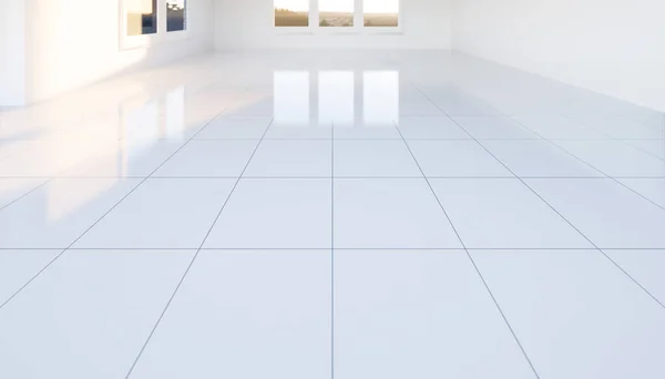 带网格线的空房间和白色瓷砖地面的三维渲染及透明玻璃门的闪亮反光透视 新工艺应用于背景 — 图库照片