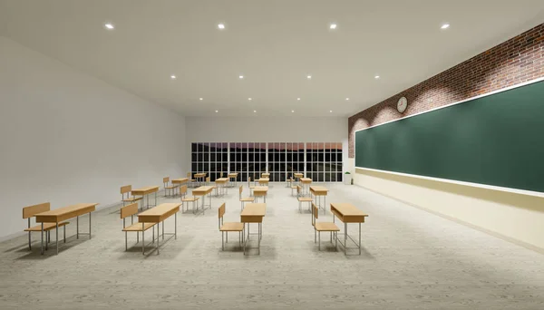 3d rendering of new normal classroom interior and spacing tables and chairs to prevent the spread of the covid-19 virus on wood floor and empty green board background.