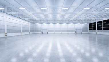 Geniş hangar binasının ve beton zeminin 3 boyutlu görüntülenmesi ve arka plan, temiz ve yeni durum için perspektif kapağı, gece vakti.