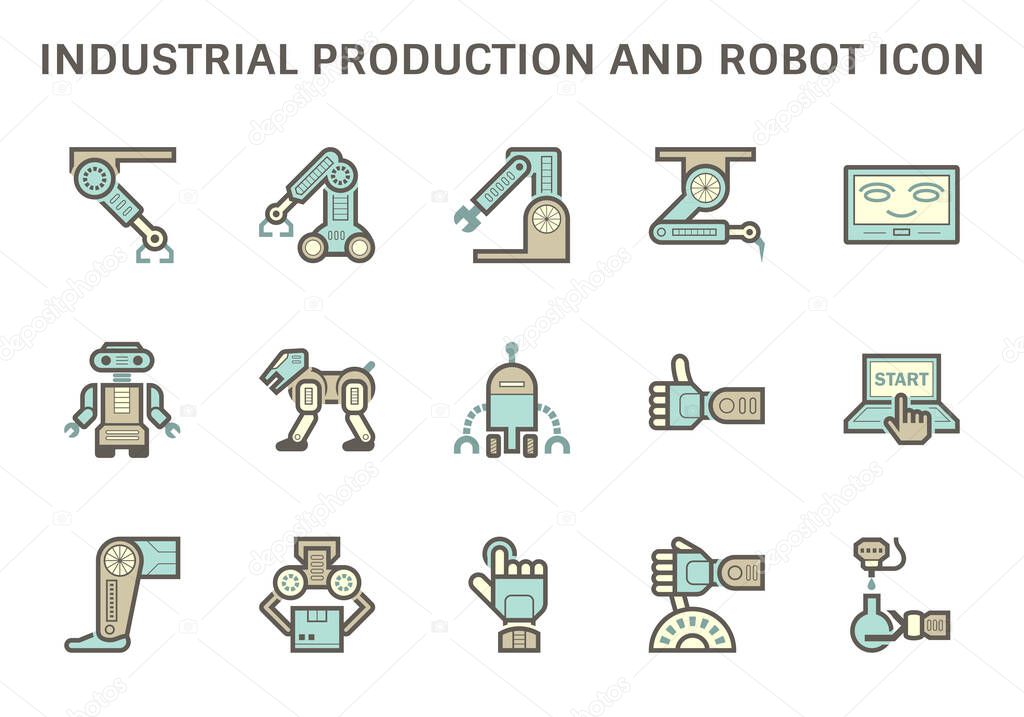 Industrial production robot and computer control vector icon set design.