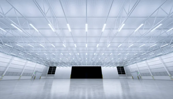 Renderowania Dużego Budynku Hangar Betonowej Podłogi Otwartych Drzwi Stalowych Perspektywie — Zdjęcie stockowe