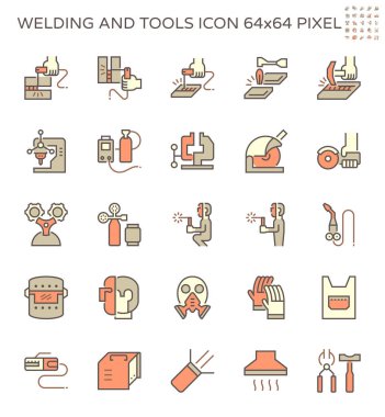 Kaynak işi ve kaynak makinesi, gaz kesme aracı ve diğer vektör simgesi dizaynı, 64x64 mükemmel piksel ve düzenlenebilir vuruş gibi araçlar.