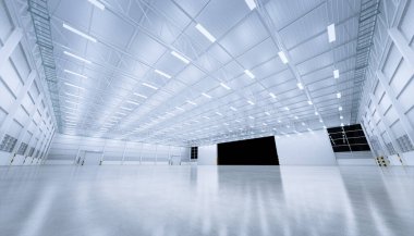 Geniş hangar binası, beton zemin ve çelik kapı. Arka plan, temiz ve yeni durum için perspektif, gece vakti..