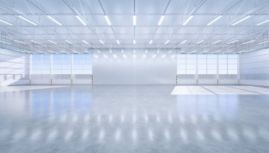 Geniş hangar binasının ve beton zeminin 3 boyutlu görüntülenmesi ve arka plan, temiz ve yeni durum için perspektif penceresi.