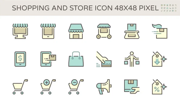 Diseño Conjunto Iconos Vector Frontal Compras Tienda 48X48 Píxeles Perfecto — Vector de stock