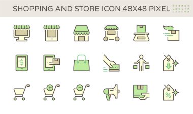 Alışveriş ve depolama ön vektör seti dizaynı, 48X48 piksel mükemmel ve düzenlenebilir vuruş.