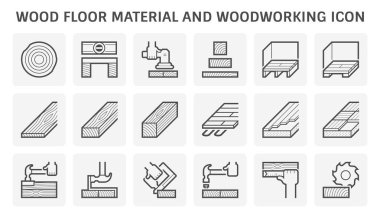Wood floor and material such as log, timber, structure, parquet and laminate etc. Woodworking and tool such as water level, hammer, sander, stabler etc. Vary installation systems. Vector icon design.
