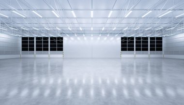 Geniş hangar binasının ve beton zeminin 3 boyutlu görüntülenmesi ve arka plan, temiz ve yeni durum için perspektif kapağı, gece vakti.
