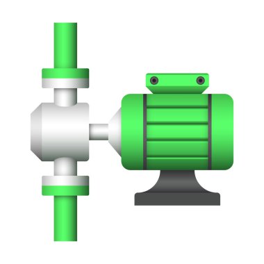 Beyaz zemin üzerinde izole su dağıtımı için elektrikli su pompası ve çelik boru vektör simgesi.