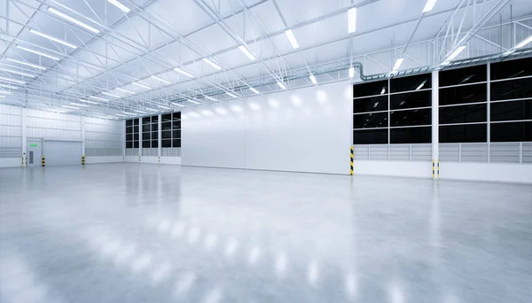 3d rendering of large hangar building and concrete floor and open shutter door in perspective view for background, clean and new condition, night time.
