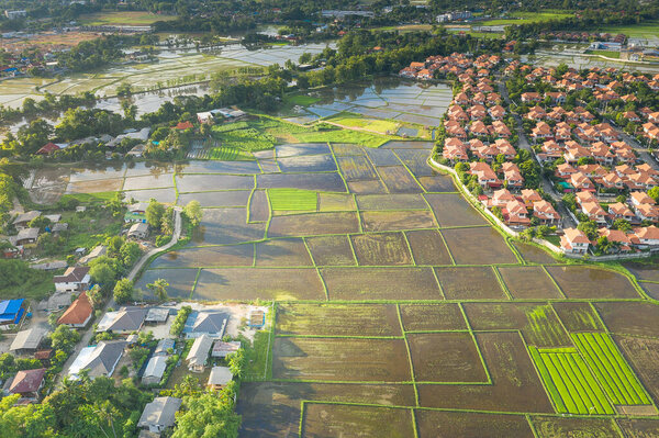 Aerial view of land and housing estate in Chiang Mai province of Thailand.