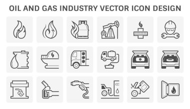 Oil and gas industry icon i.e. global process of exploration, extraction and refinery. Transport by oil tanker and pipeline. Business of petroleum product. Gas station and refuel. Vector icon set.