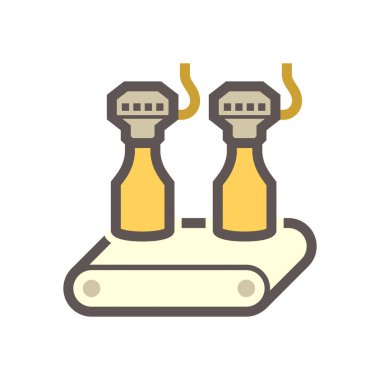 Beyaz arkaplanda içecek üretimi vektör ikonu tasarımında suyu cam şişeye dolduran makine.