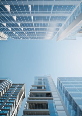 Dikey bileşim resminin 3B görüntülenmesi, gökyüzü boşluğunu, yüksek binalar inşa ederek yukarı doğru bir perspektifte gösterir. Kentsel şehirde gayrimenkul ve modern mimariyi temsil ediyor.