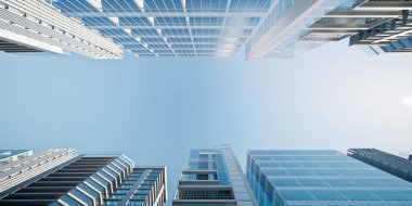 İş, gayrimenkul, kentsel kalkınma ve emlak pazarlama kavramları için arka planda boş gökyüzü alanı bulunan 3D bina görüntüleme veya yukarı bakış.