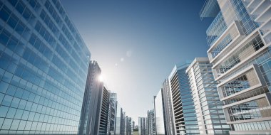 Şehirdeki ofis binasının 3 boyutlu yansıması. Yapı üzerinde güneş ışığı parıldıyor. Şirket için arka plan olarak uygun gökyüzü alanı, kurumsal işbirliği, kentsel gelişim ve yatırım temaları.