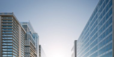 Boş gökyüzü alanının akşam güneşiyle 3 boyutlu yansıması, kentsel şehirde yüksek binalar. Modern mimari tasarım ve kentsel gelişim, kurumsal varlık ve şirket büyümesini sembolize ediyor.