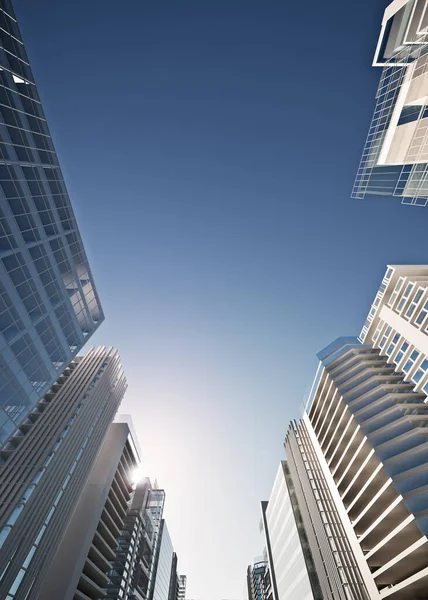 Şehir merkezindeki modern binaların üzerinde mavi gökyüzünde boş kopya alanının 3 boyutlu görüntülenmesi bakış açısıyla görülebilir. Mimari büyüme ve metropol gelişimini ön plana çıkarıyor. Arkaplan için ideal.