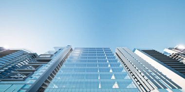 Bakış açısına göre ofis binasının 3 boyutlu yansıması. Modern tasarım cephesi olan yüksek katlı bir dış görünüş. Açık gökyüzü alanı şehir büyümesi, ekonomik genişleme ve arazi kalkınması kavramına uygun