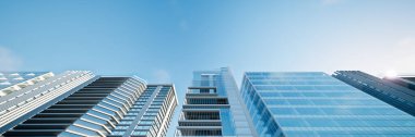 Üç boyutlu panoramik şehir manzarası ve yüksek binalar. Modern dış tasarım ve boş gökyüzü. Gayrimenkul, mülk, kentsel gelişim için ideal. İş büyümesi kavramları.