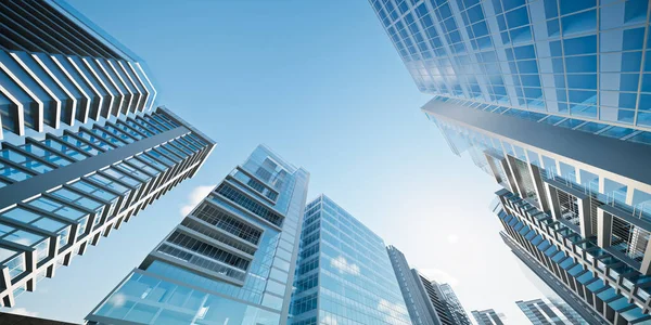 Şehirdeki modern binanın 3 boyutlu görüntüsü. Toprak gelişimini, ekonomik büyümeyi ve kalabalık toplumu temsil ediyor. Gayrimenkul, emlak yatırımı, kurumsal iş ve şehir gelişimiyle ilgili görseller.