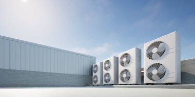 Arka planda mavi gökyüzü olan çatı katında 3 boyutlu yoğunlaştırıcı ünitesi oluşturuldu. Isı havalandırma ve iklim kontrolü için soğutma sistemleri inşa etmek. HVAC mühendisliği ile ilgili görüntüler.