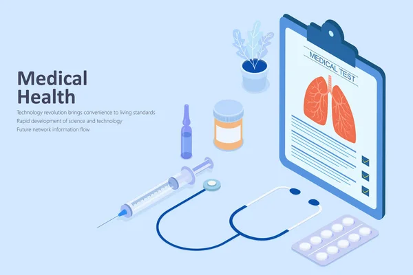 Spruta Och Medicin Isometrisk Illustration Hälso Och Sjukvård Koncept — Stock vektor