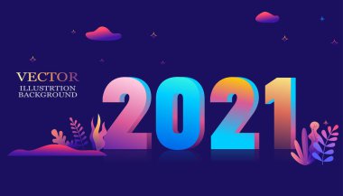 2021 yıllık font vektör illüstrasyonu modada düz stil ve parlak renkli bitkiler, yapraklar, ağaçlar ve gökyüzü - afiş, tebrik kartı, poster için arkaplan