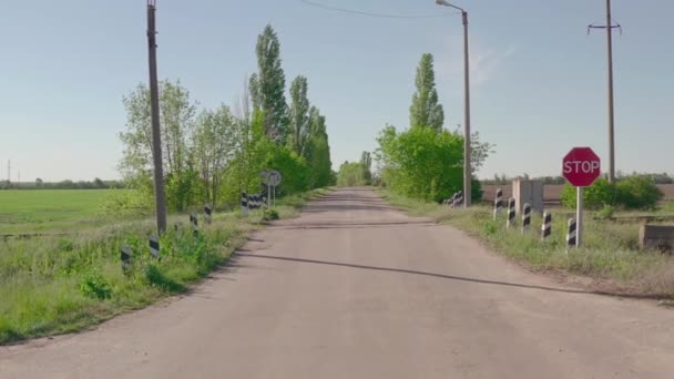 La ferrovia che attraversa a paesaggio rurale. strada ferroviaria e asfaltata . — Video Stock