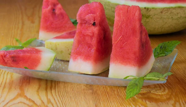 Delicioso Fruto Melancia Com Folha Hortelã — Fotografia de Stock