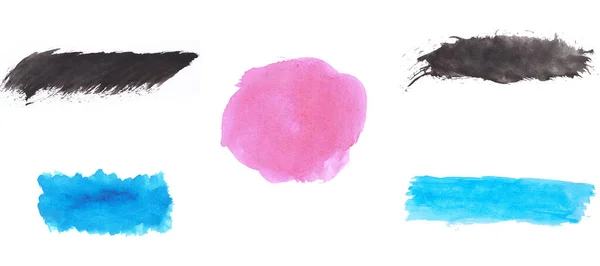 一套用于设计的水彩刷 黑色的 蓝色的粉红圈史迈亚图形资源 — 图库照片