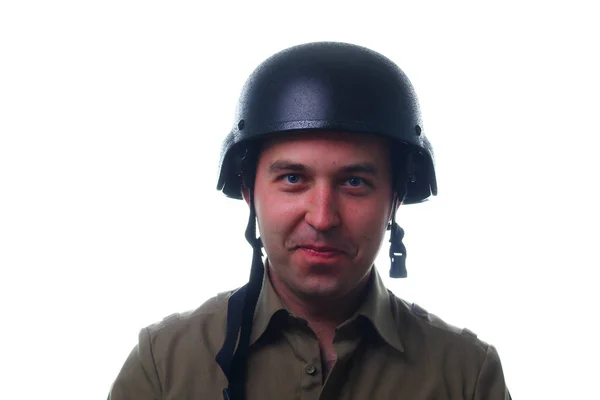 Man Military Helmet White Background — Stock Photo, Image