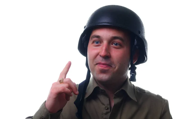 Komik Jestler Onaylandı Beyaz Arka Planda Kasklı Bir Adam Kafadaki — Stok fotoğraf