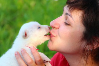 Kadın bulanık arka planda beyaz bir köpek yavrusunu öpüyor, yakın plan.