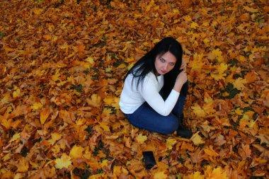Sonbaharın en şaşırtıcı ve renkli döneminde sonbahar parkında güzel esmer bir kadın. Sonbahar fotoğraf çekimi. Ayarlanmış