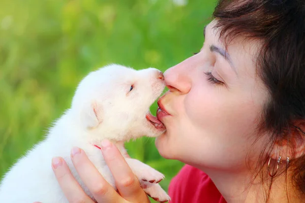 Una Mujer Besa Querida Mascota Cachorro Sobre Fondo Borroso Naturaleza —  Fotos de Stock