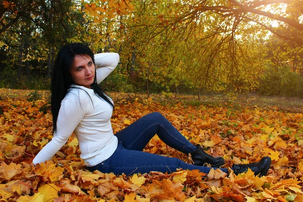 Hermosa Mujer Morena Parque Otoño Período Más Increíble Colorido Del — Foto de Stock