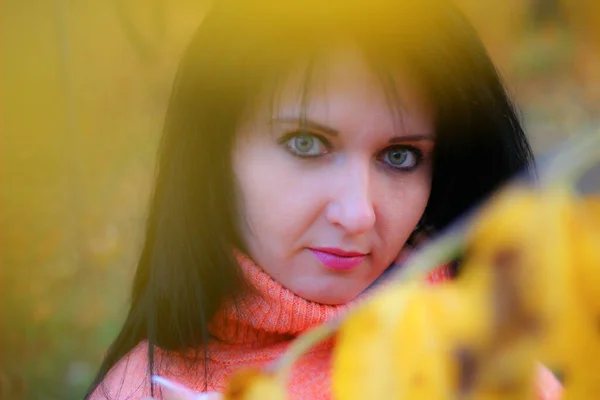 Женщина Брюнетка Осеннем Парке Самый Удивительный Красочный Период Осени Осенняя — стоковое фото