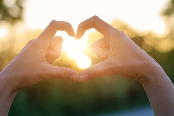 Hands formed a heart shape in the sunlight, close-up, toned