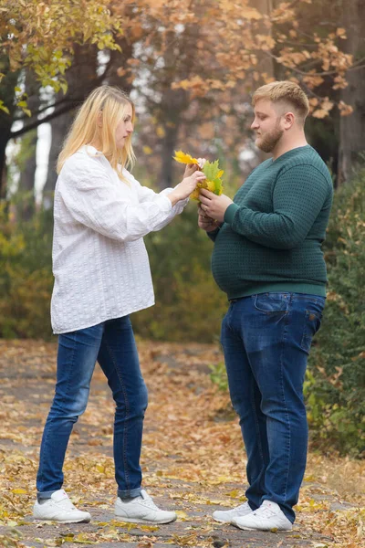 丈夫和怀孕的妻子在公园里采摘一束美丽的黄叶 并配上调子 — 图库照片