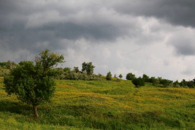 Fırtına yağmuru bulutları ve tepeli güzel yeşil doğa