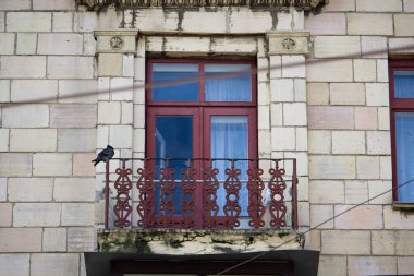 Güvercin çömelmiş evin balkonunun korkuluklarında oturuyor.