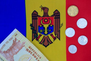 Moldova parası ve pasaportu üç renkli arka plana karşı