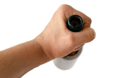 Beyaz arka planda elinde şişe var.