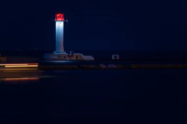Faro Mar Por Noche Después Puesta Del Sol Una Larga — Foto de Stock