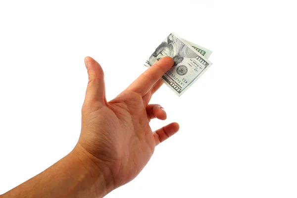 Простягнута Рука Відсіченою Купюрою Між Пальцями 100 Доларів Білому Тлі — стокове фото